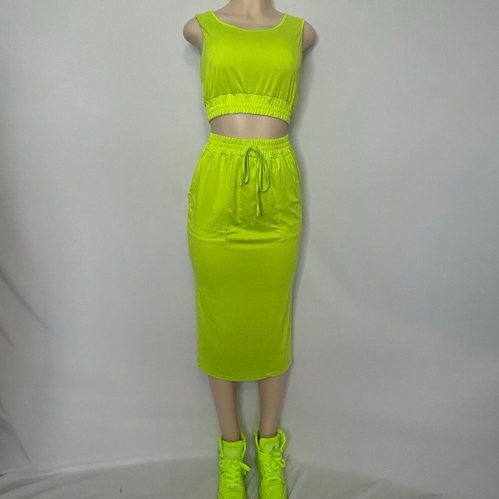 SHEIN Neon Lime Green Two-Piece Crop Top & Midi Skirt Set Women’s Size Small